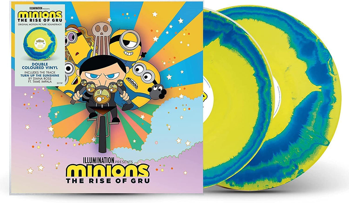 Minions and Gru on a motorcycle against a colorful, star-filled background.