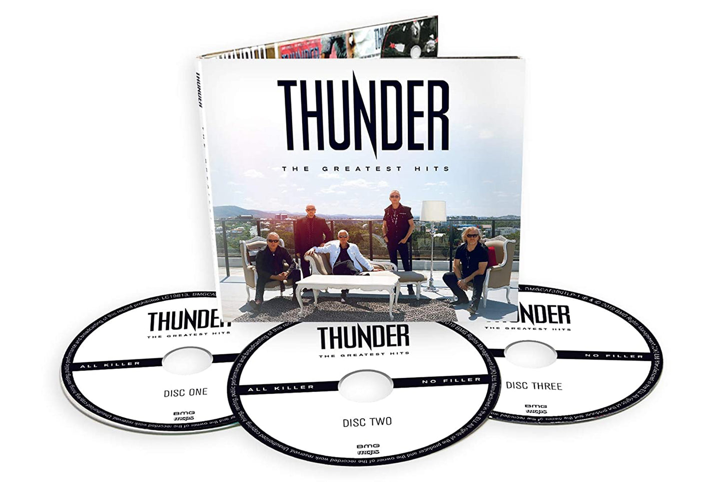 "CD cover featuring the band 'Thunder' with five members posing on a rooftop."