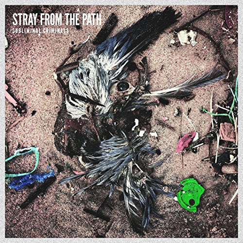 "Album cover with a dead bird surrounded by trash on the ground."
