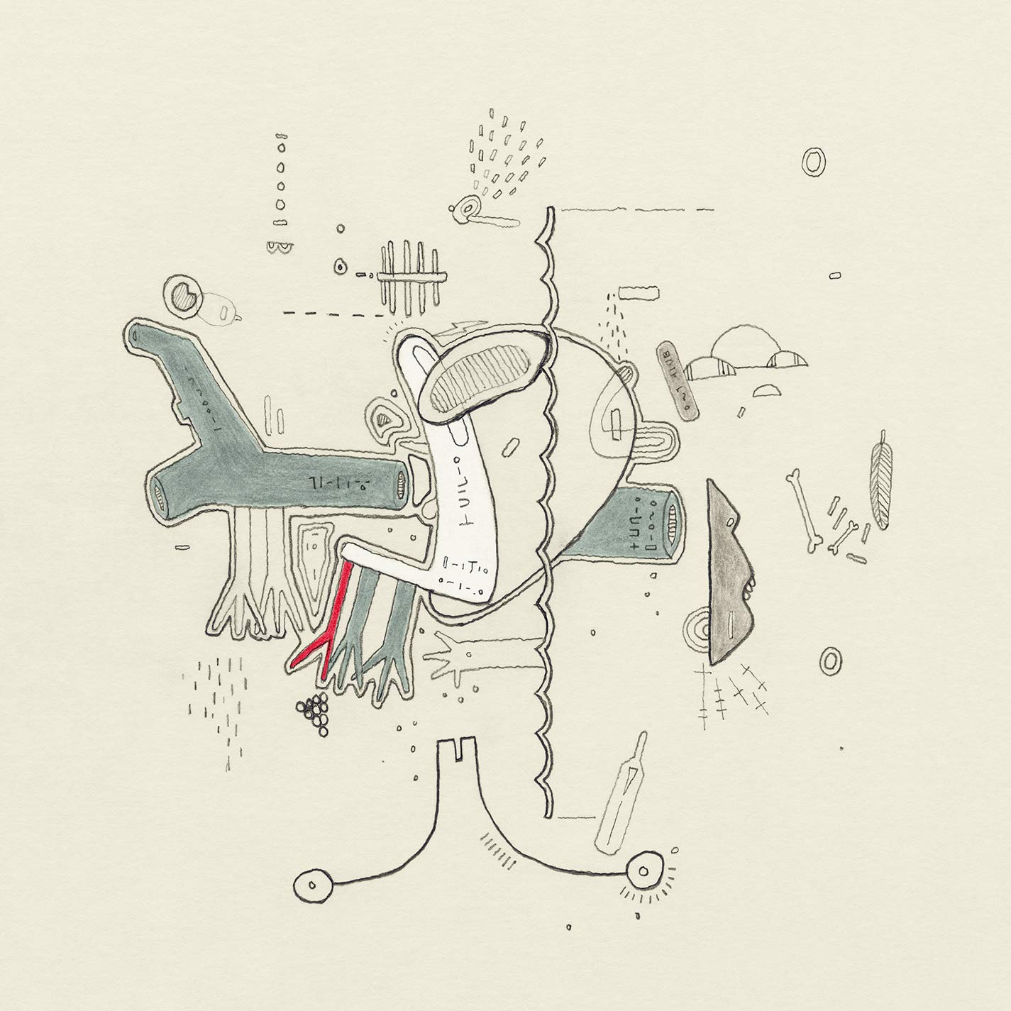 A CD cover featuring a surreal, abstract illustration of mechanical and organic shapes.
