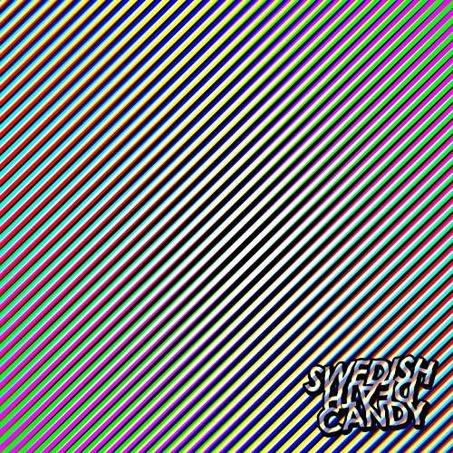 "Multicolored diagonal stripes pattern with 'Swedish Death Candy' text at the bottom right corner."