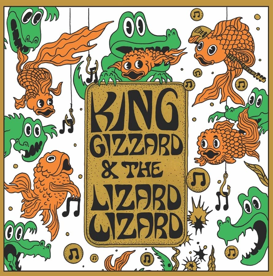 Album cover with orange and green lizard and fish illustrations.