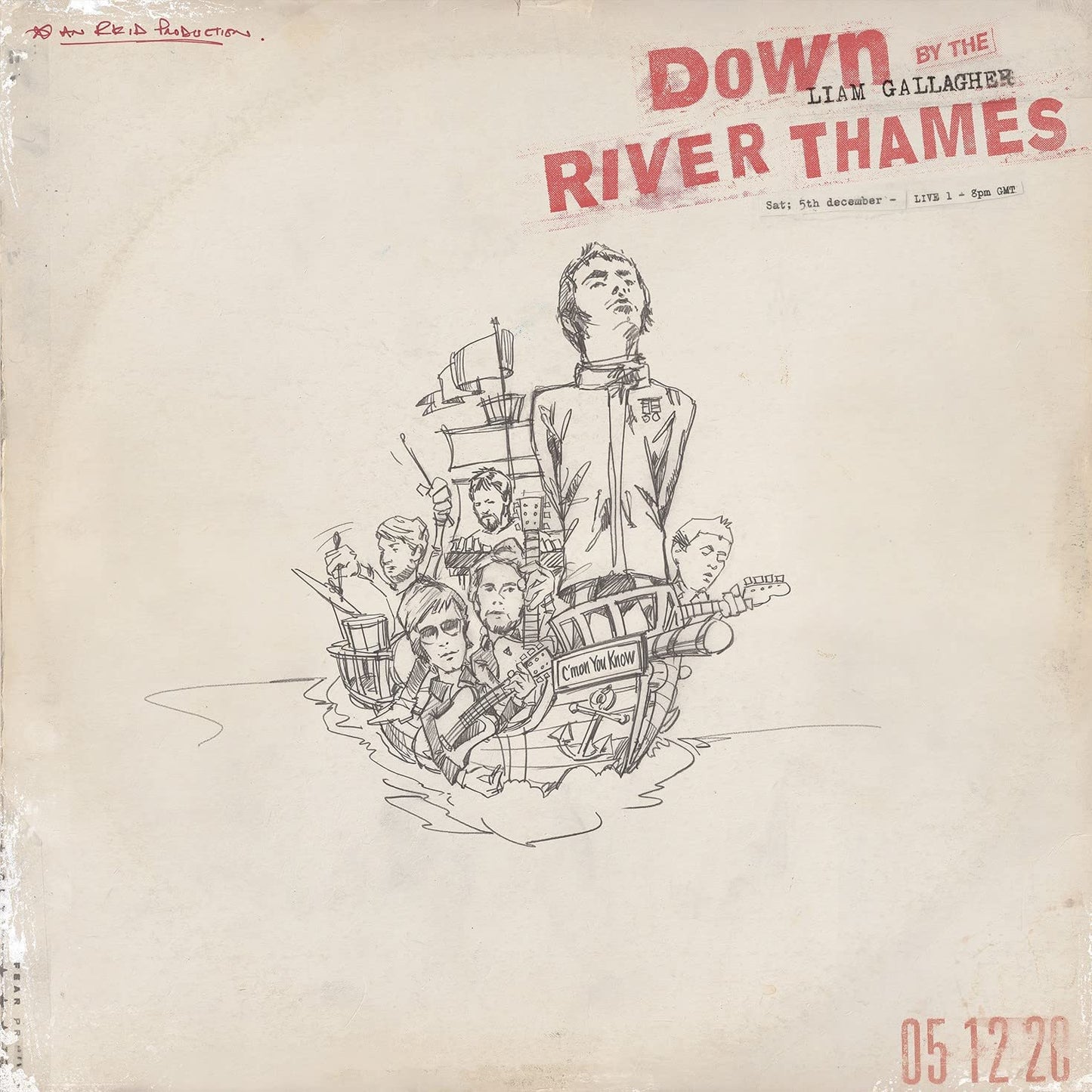 "Liam Gallagher CD cover with sketch of man surrounded by people on a boat."
