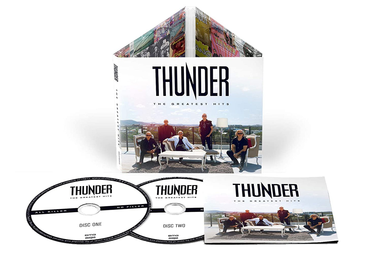 "CD cover featuring the band 'Thunder' posing on a rooftop with cityscape."
