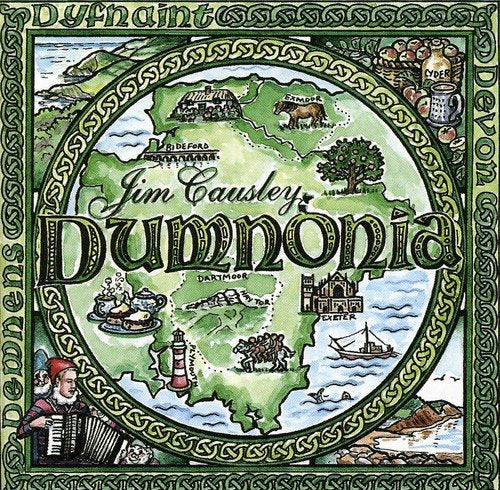 "Album cover with map of Devon, featuring Jim Causley's name and 'Dumnonia' in decorative text."