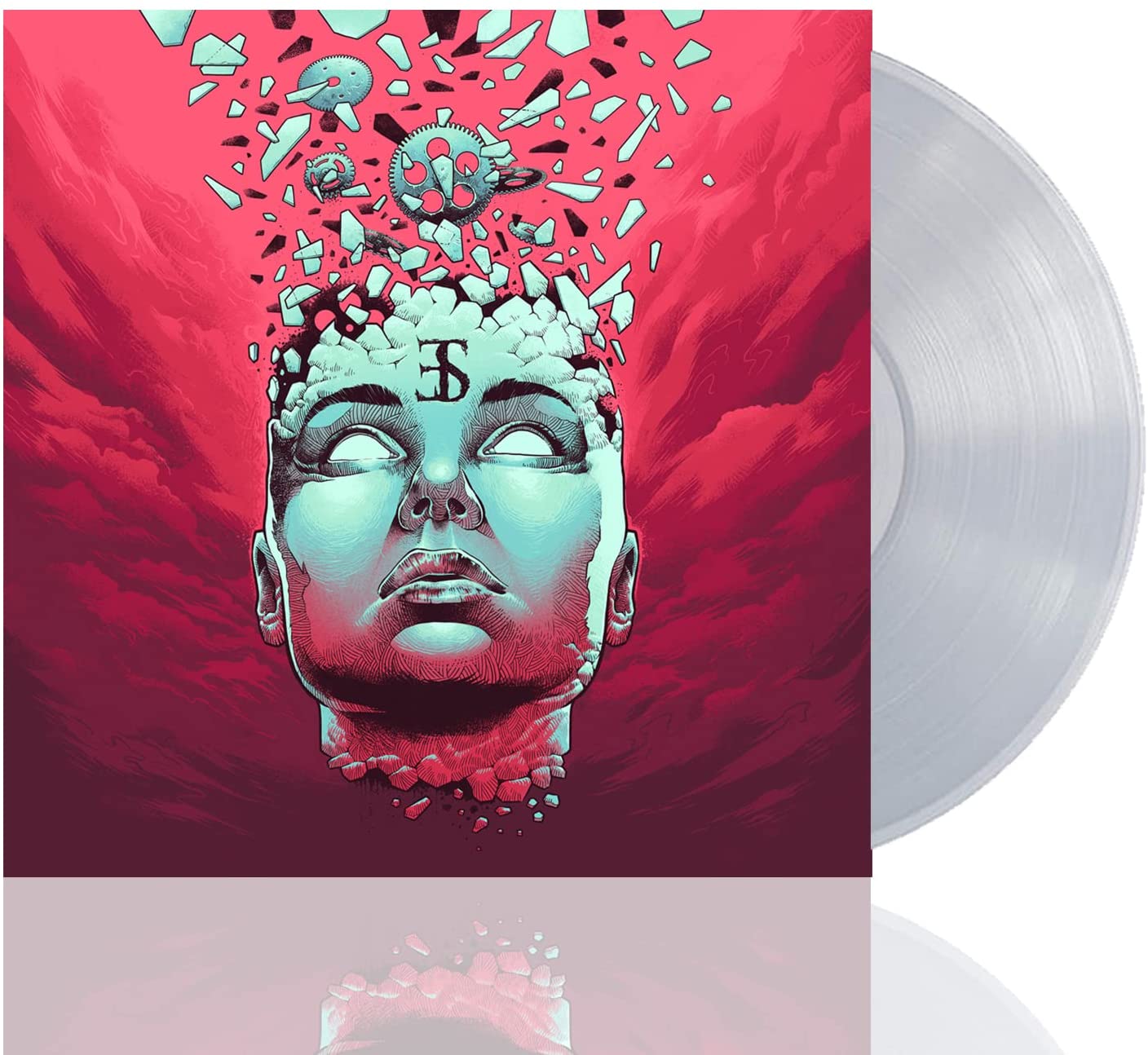 "Clear vinyl record with red album cover featuring a shattered, blue Buddha head illustration."