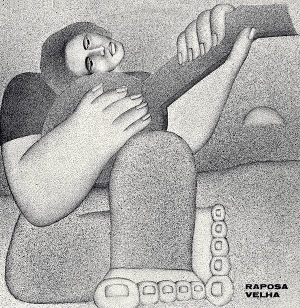 Black and white illustration of a reclining figure with text.