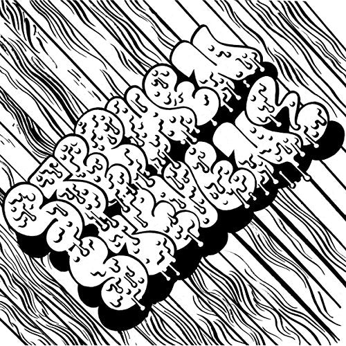 Black and white illustration of a caterpillar-like creature on woodgrain.