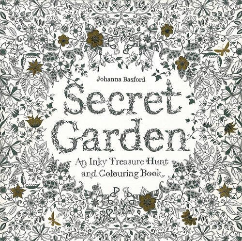 "Book cover with 'Secret Garden' title, surrounded by intricate black floral patterns and gold accents."
