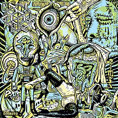 Vinyl record cover with surreal, abstract illustration featuring a figure and various mechanical elements.