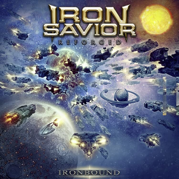 Album cover: space battle scene with spaceships and a bright sun.