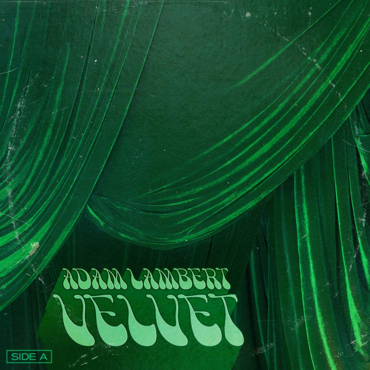 Green velvet drapes with "Adam Lambert Velvet Side A" text on album cover.