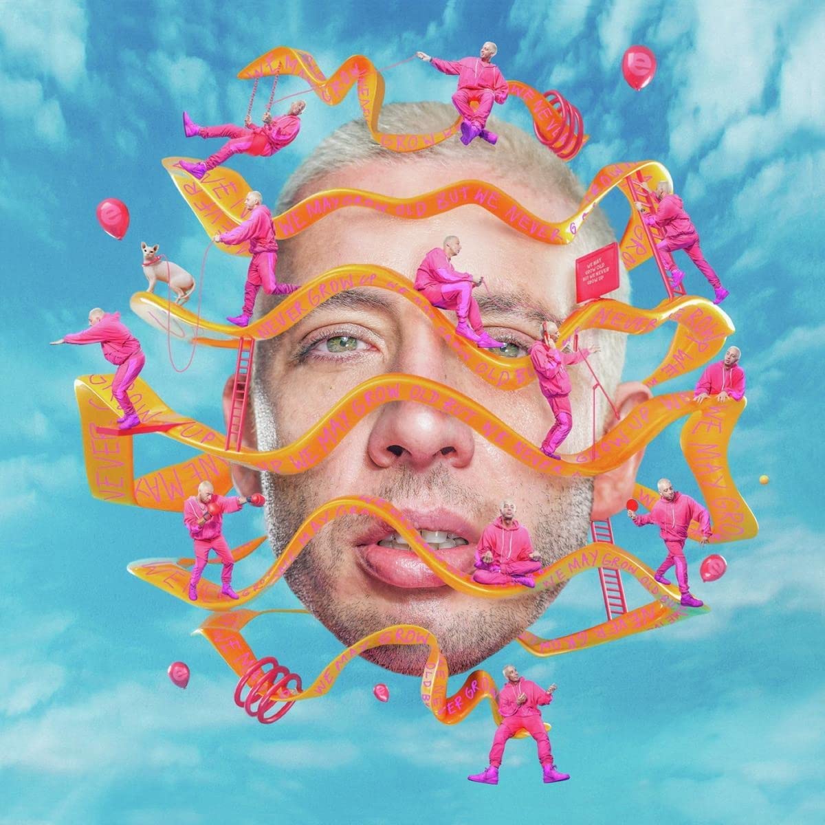 CD cover: large face with miniature figures and orange ribbons against blue sky.