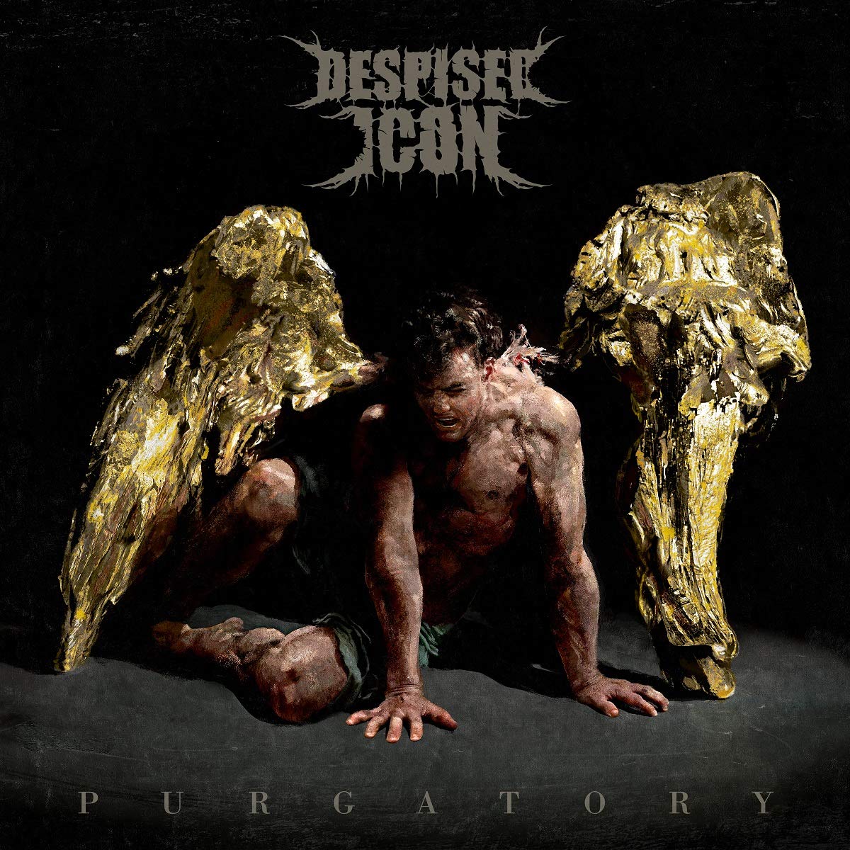 "Album cover with a man kneeling between gold statues, text 'Despised Icon Purgatory'."