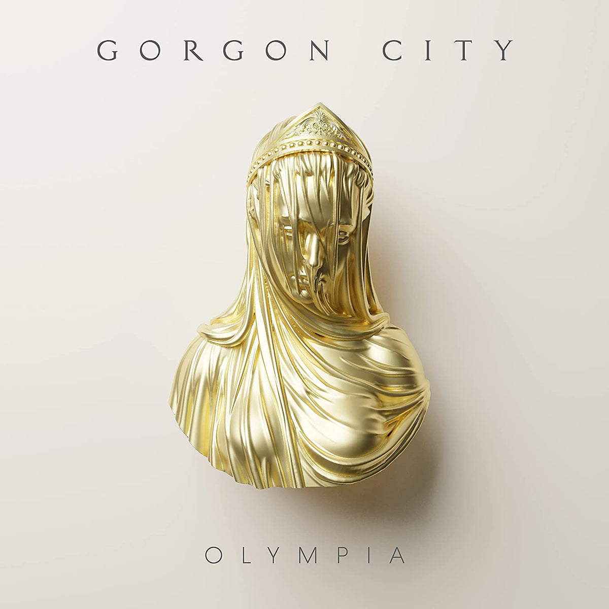 Gold bust sculpture with draped fabric, album cover for Gorgon City’s Olympia.