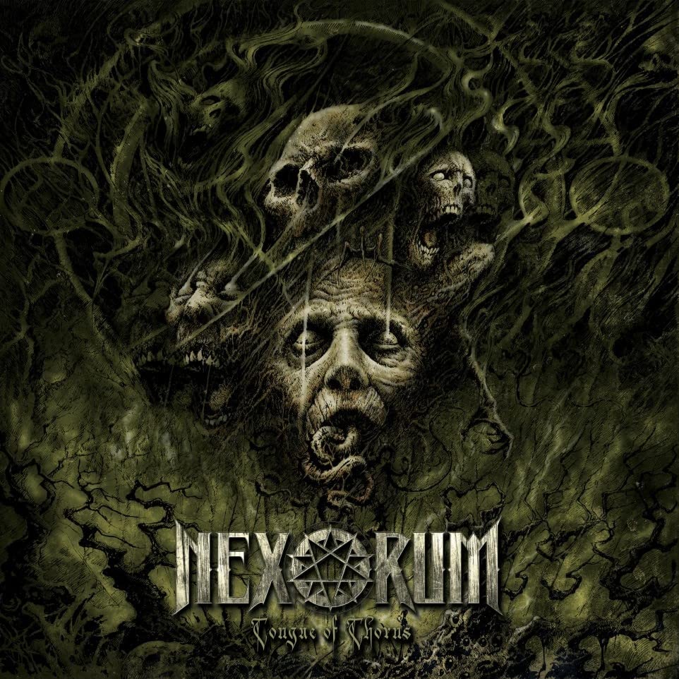 Dark album cover featuring distorted faces and skulls with the band name "Nexorum.