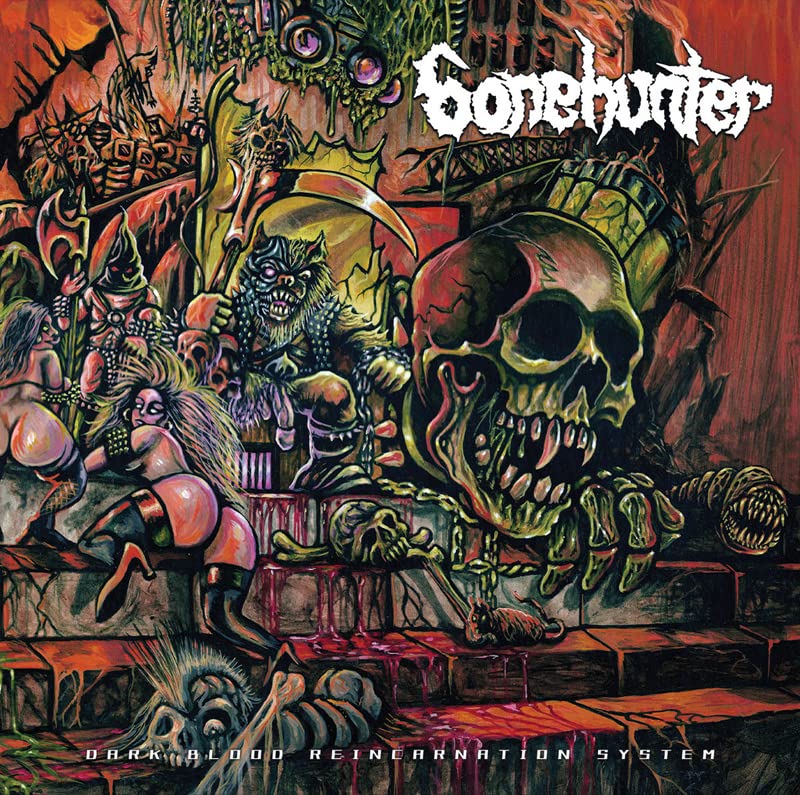 Dark fantasy album cover with monstrous figures, a skull, and gore.