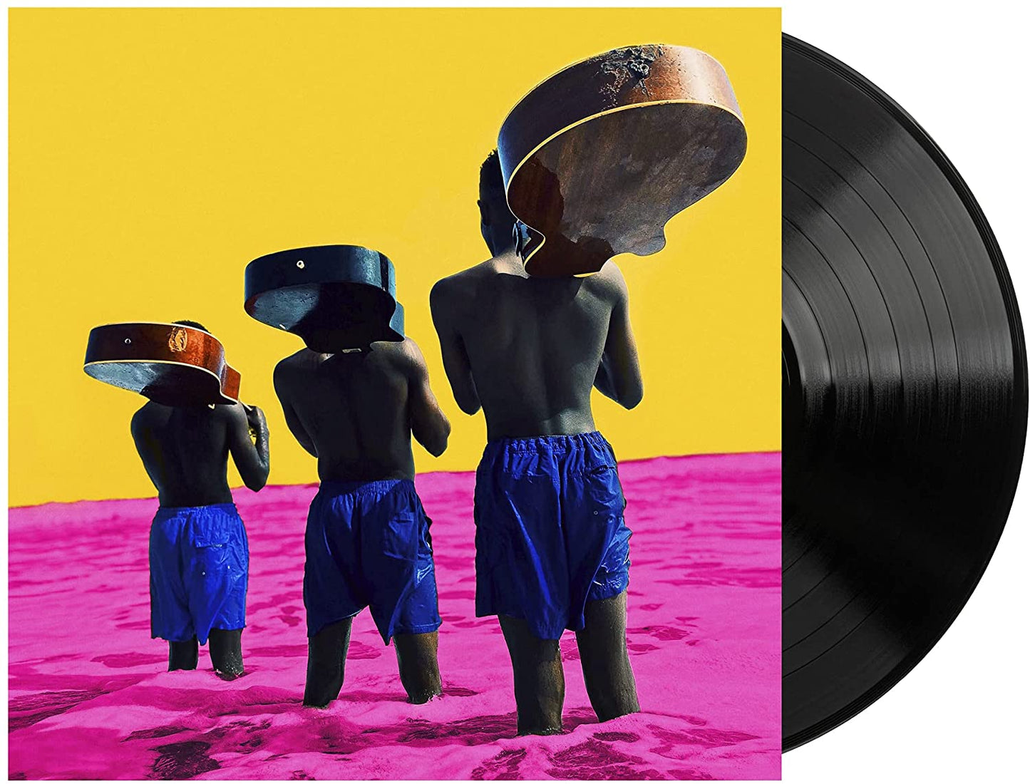 Three figures with guitar cases over their heads on pink and yellow.