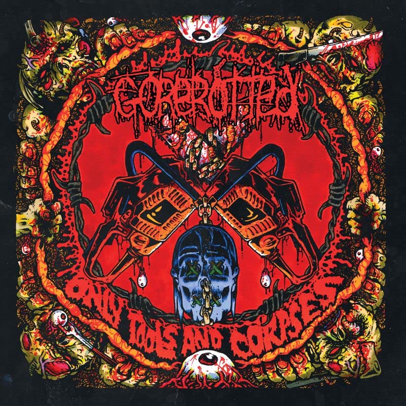 Gorerotted album cover: red, skull, tools, and grotesque imagery.