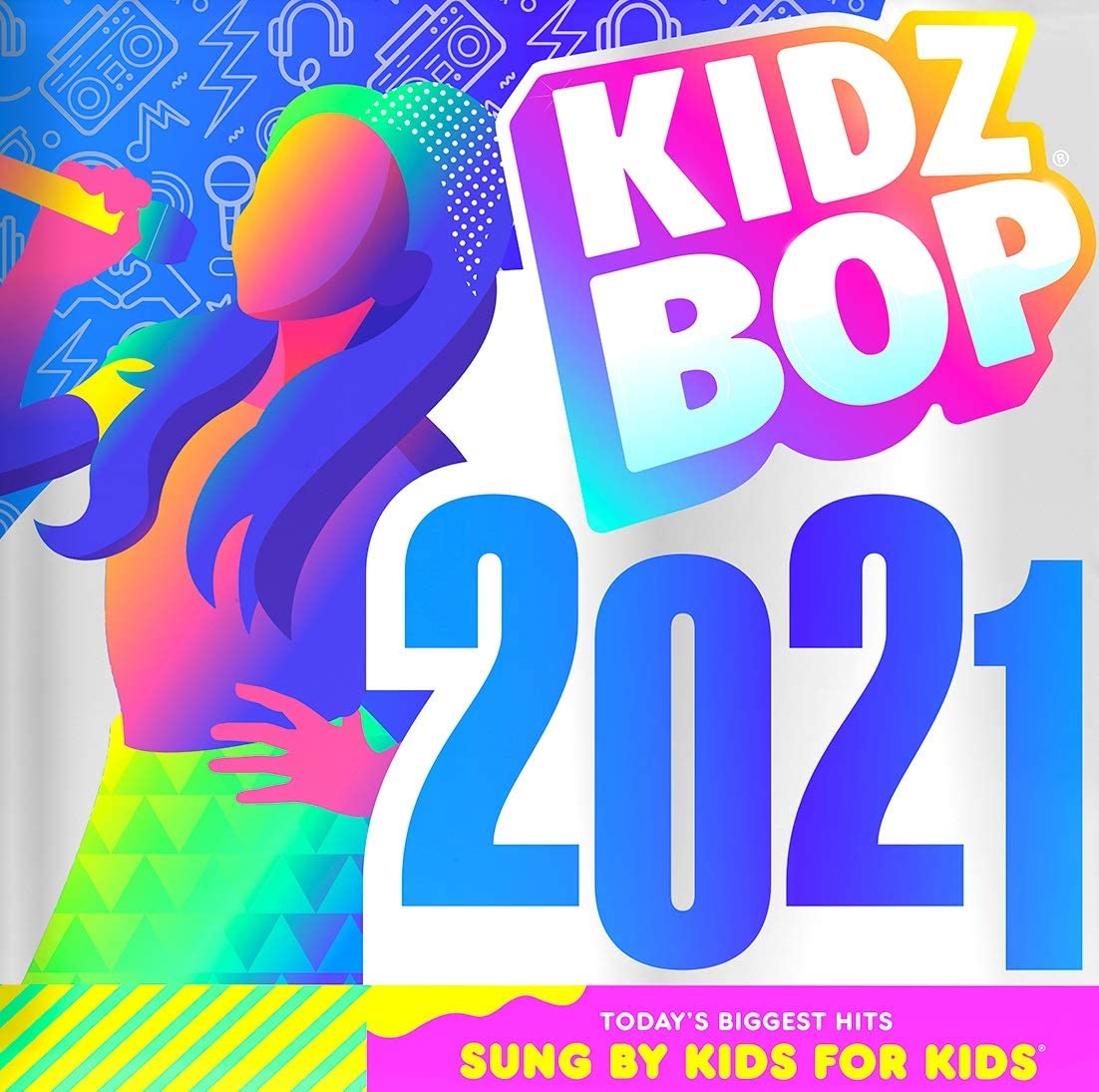 "Kidz Bop 2021" CD cover featuring a colorful, stylized image of a singing girl.