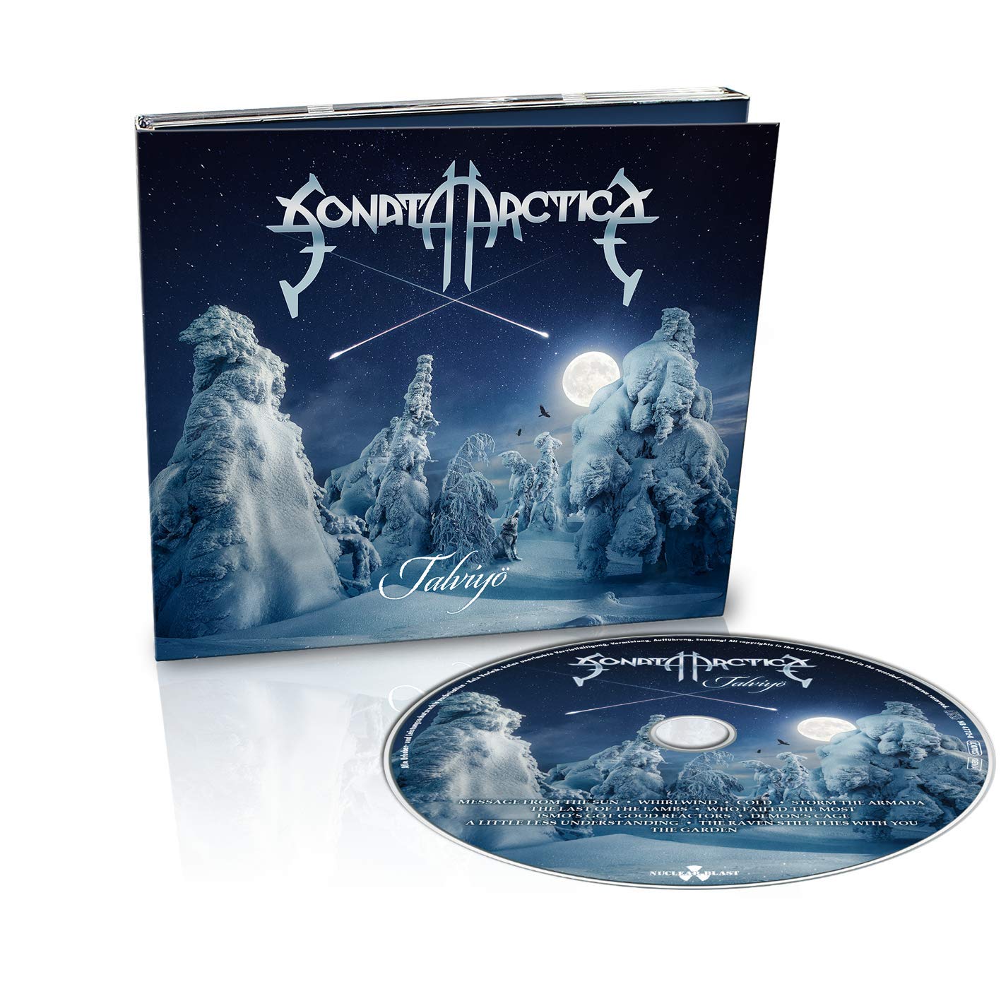 "Album cover with snowy trees, full moon, and 'Sonata Arctica' and 'Talviyö' text."
