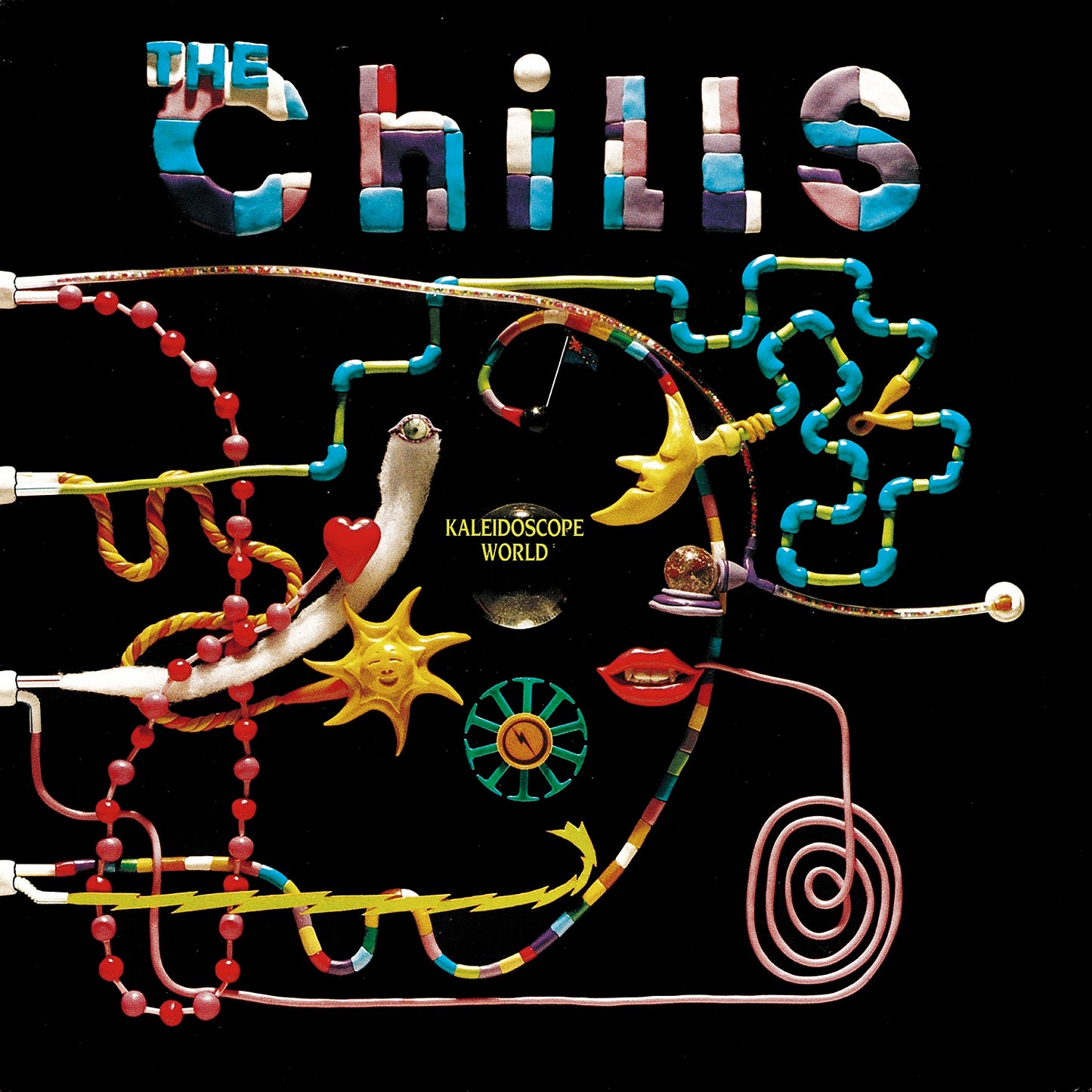 "Album cover with 'The Chills' title and 'Kaleidoscope World' in colorful, playful design."