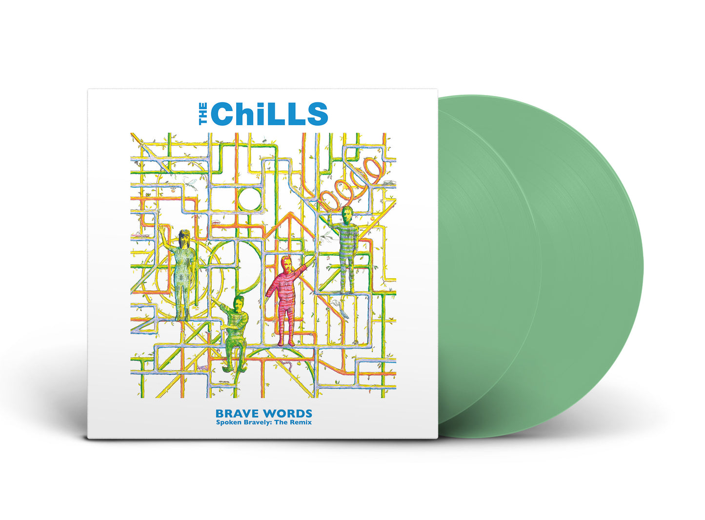 "Mint green vinyl record with white album cover featuring abstract, colorful illustration."