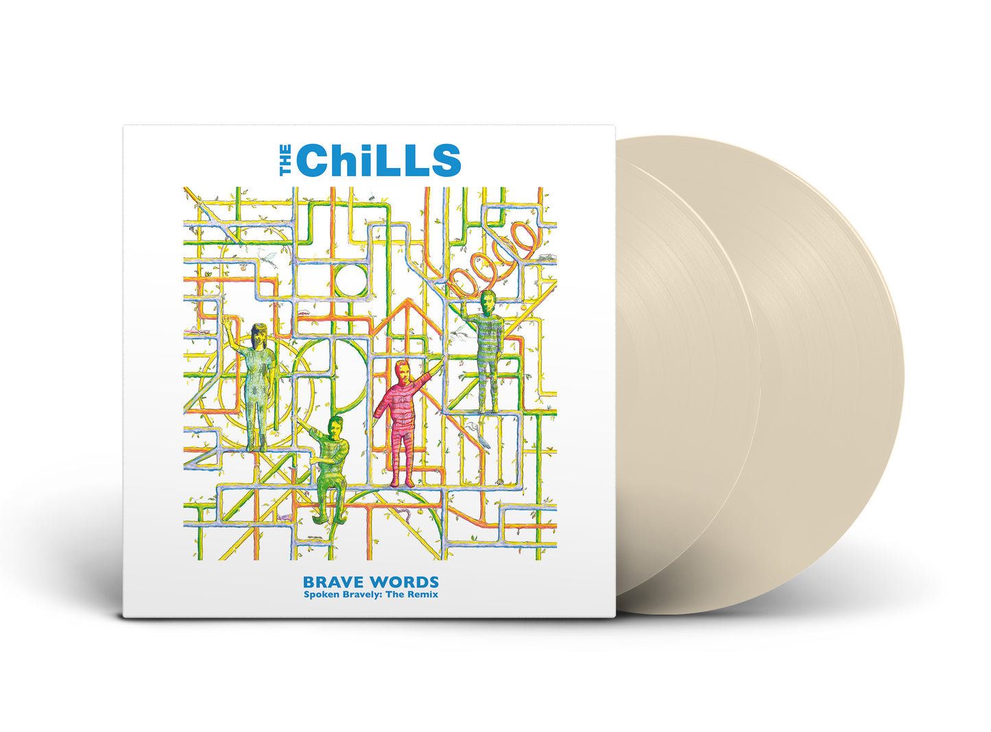 "White vinyl record album with cover art featuring colorful maze design and figures."