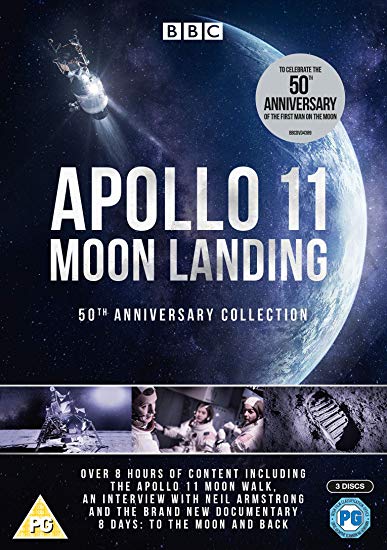 DVD cover for "Apollo 11 Moon Landing" with spacecraft and moon imagery.