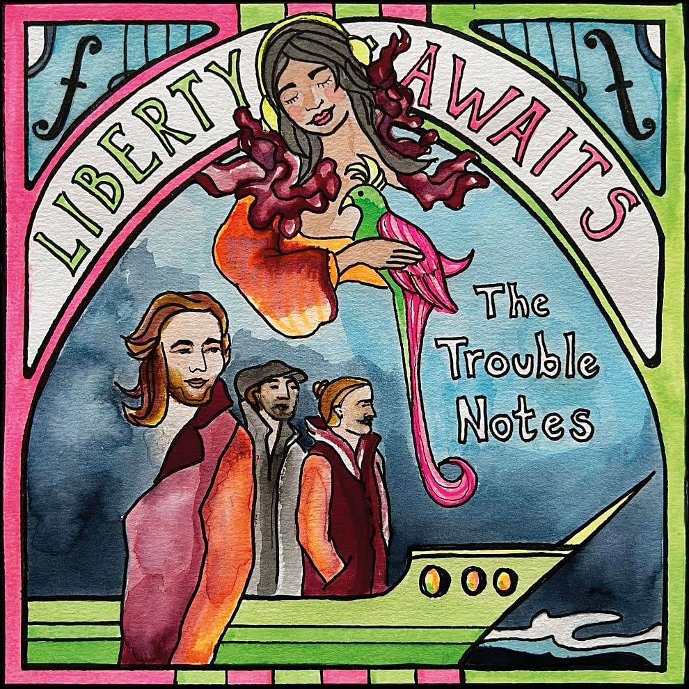Watercolor album cover featuring a woman with a parrot and three men.