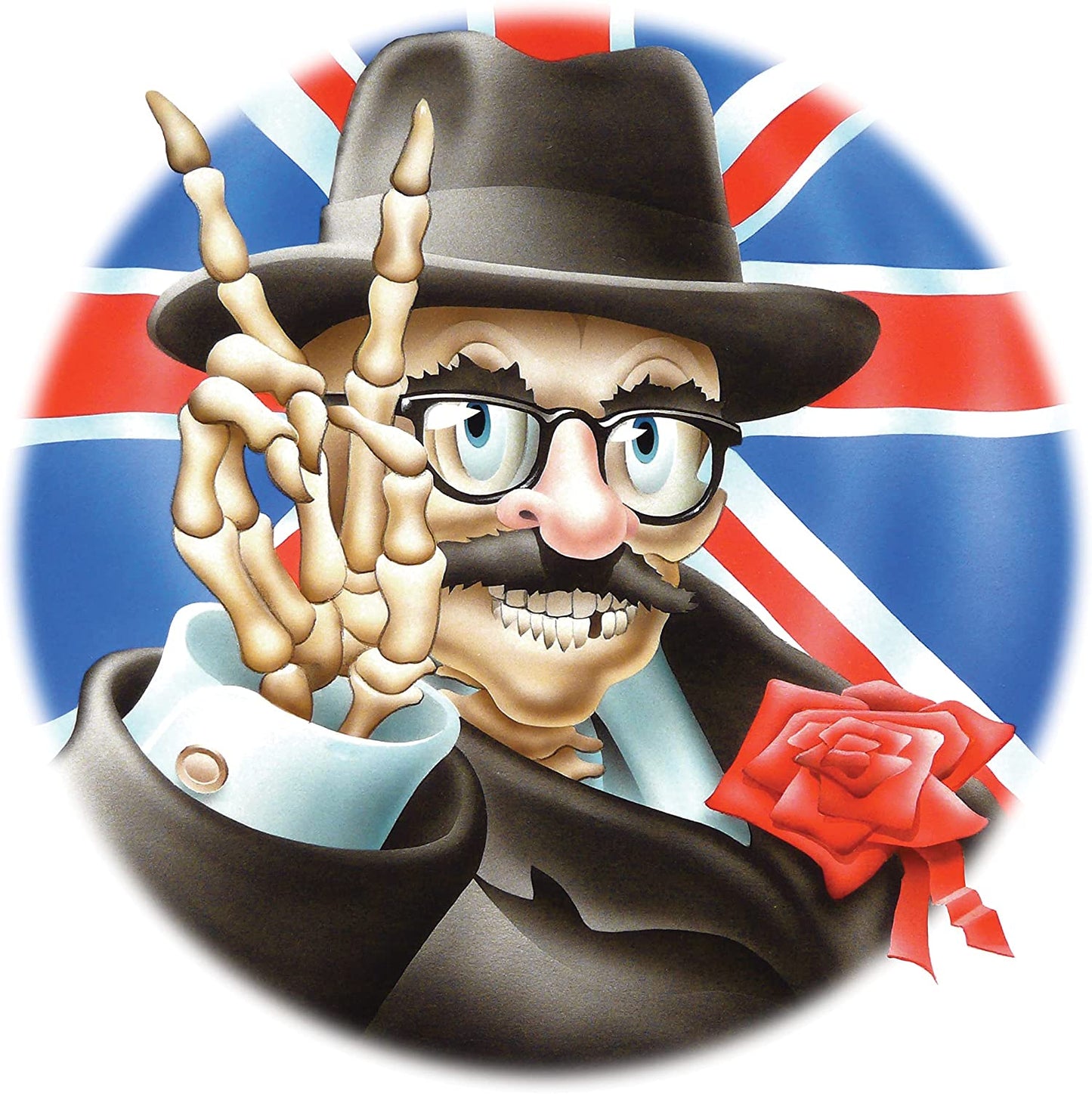 Cartoon skeleton in suit and hat against a UK flag background.