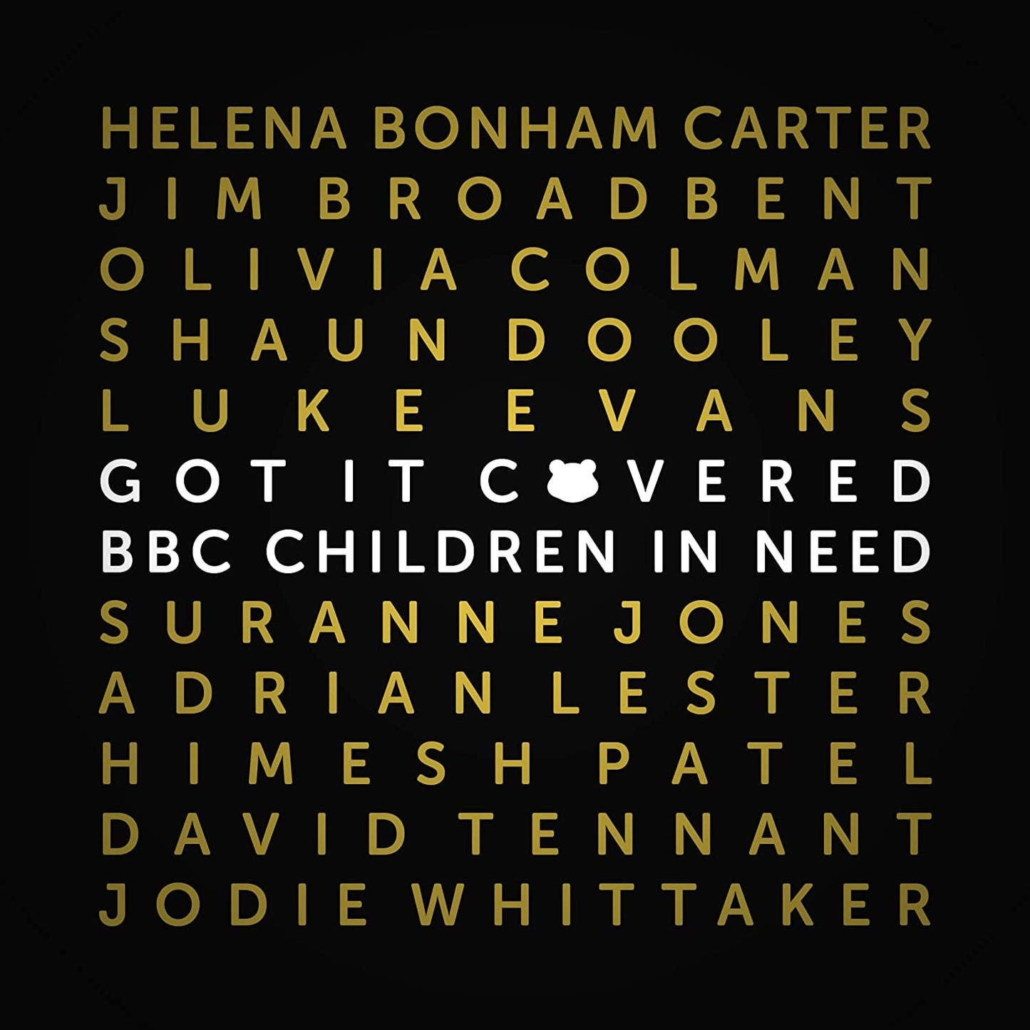 "Black CD cover with yellow and white text listing various artists' names."