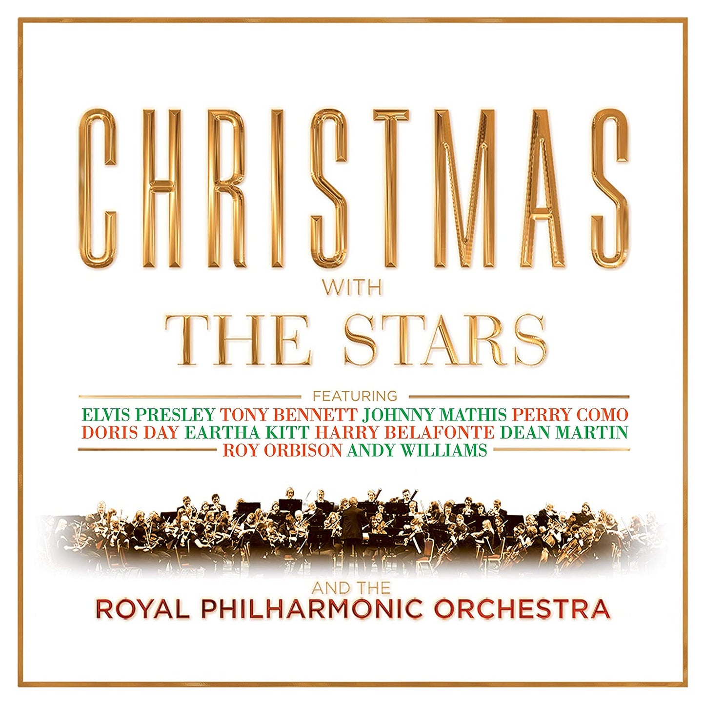 "Christmas album cover featuring 'Christmas with the Stars' in gold, with orchestra image below."