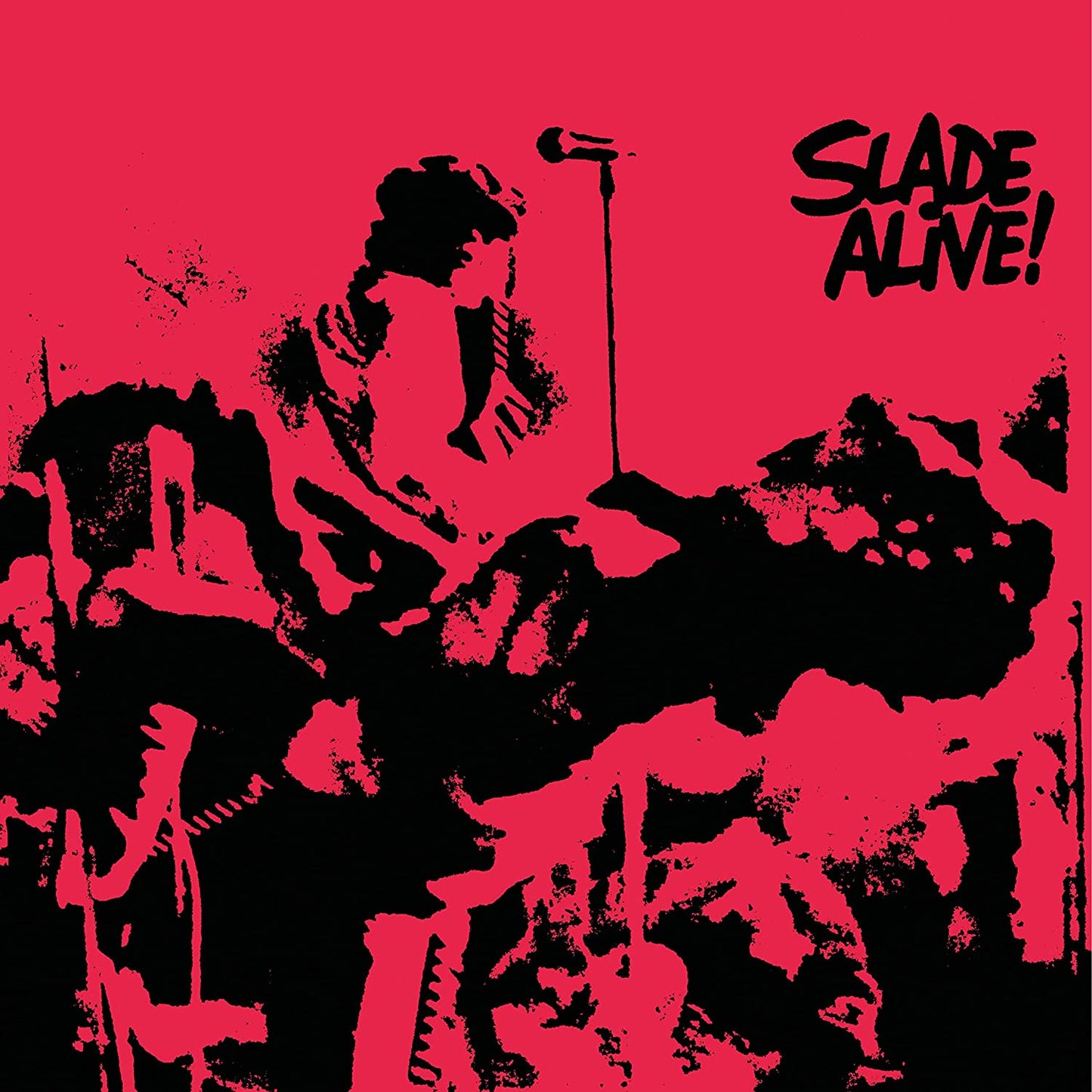 Red album cover with black silhouettes of a rock band performing.