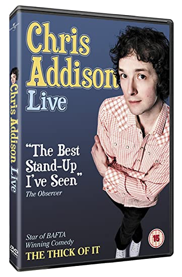 DVD case with comedian Chris Addison on a blue background, wearing a checkered shirt.