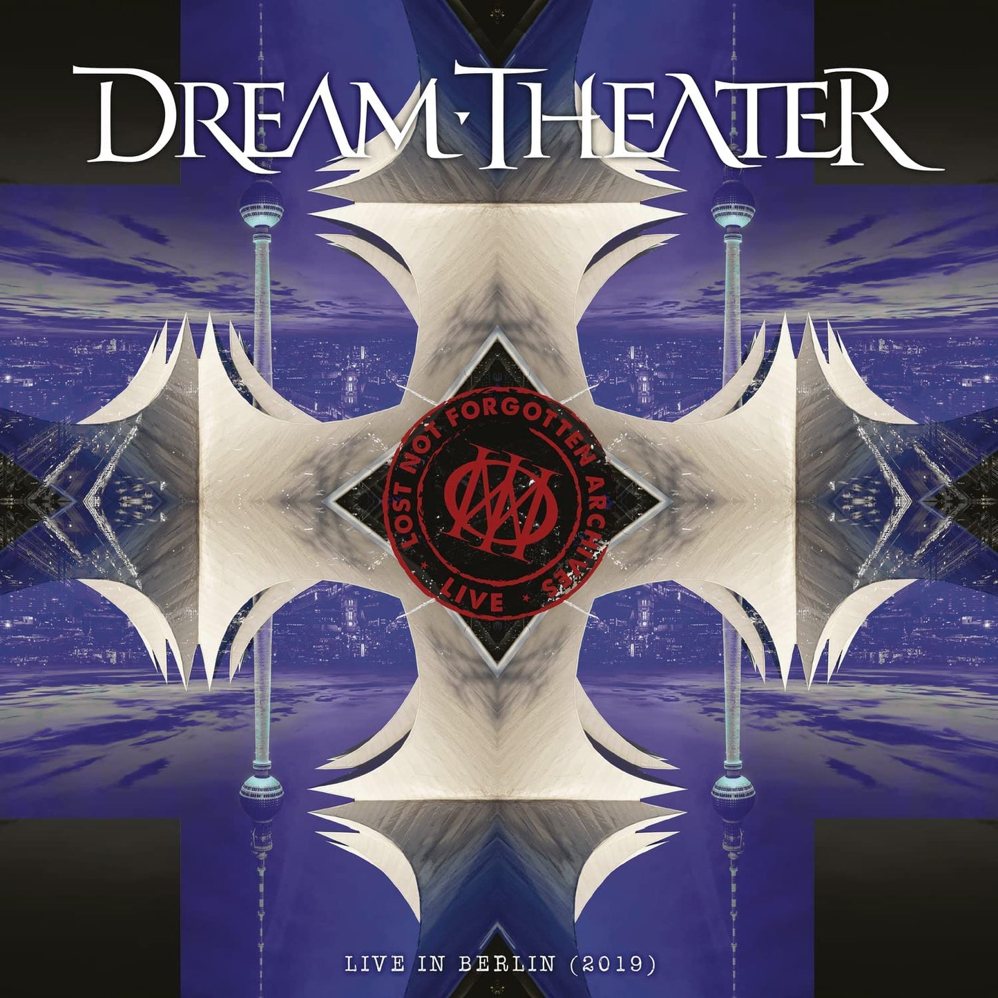 "Dream Theater album cover with abstract design, Berlin TV tower, and red logo."