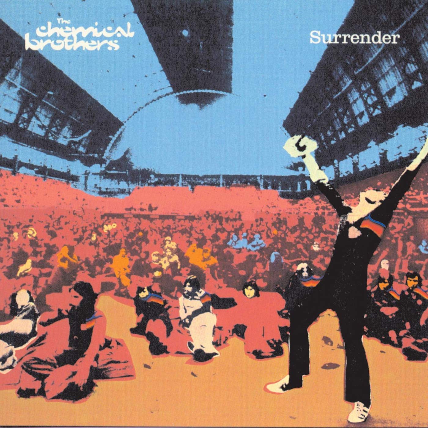 The image shows the album cover for "Surrender" by The Chemical Brothers. Alt text: Colorful album cover with crowd and person dancing in a stadium.