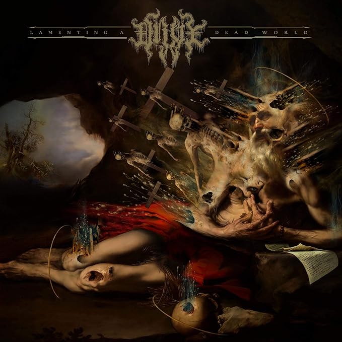 Dark album cover with surreal, disturbing imagery of figures and landscapes.