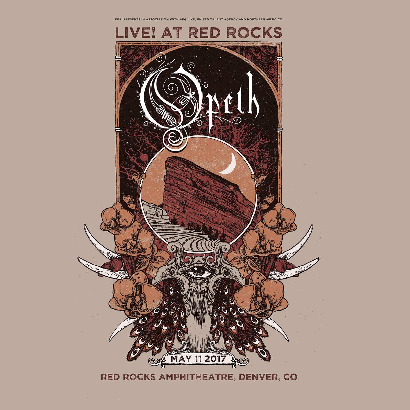 Opeth concert poster with skull and mountain illustration on beige background.