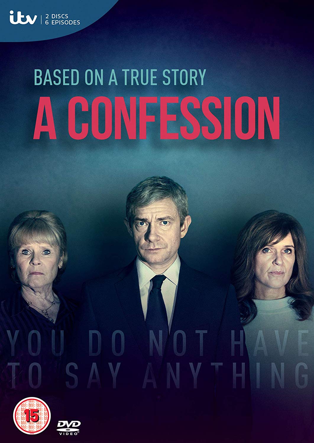 DVD cover for "A Confession" featuring three people against a dark blue background.