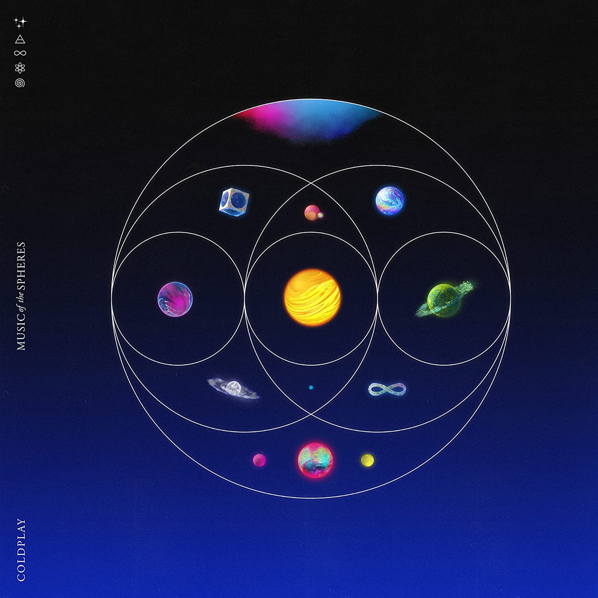 Coldplay's "Music Of The Spheres" album cover with planets and rings.