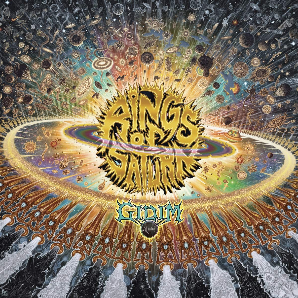 "Album cover art for 'Rings of Saturn' with abstract, futuristic design and vibrant colors."