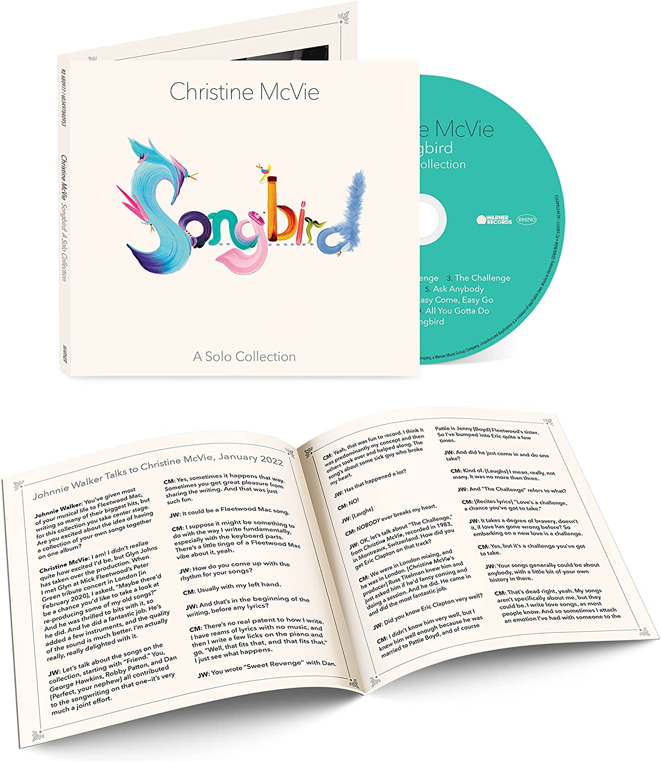 "CD case with disc and booklet, titled 'Christine McVie - Songbird', white and teal colors."