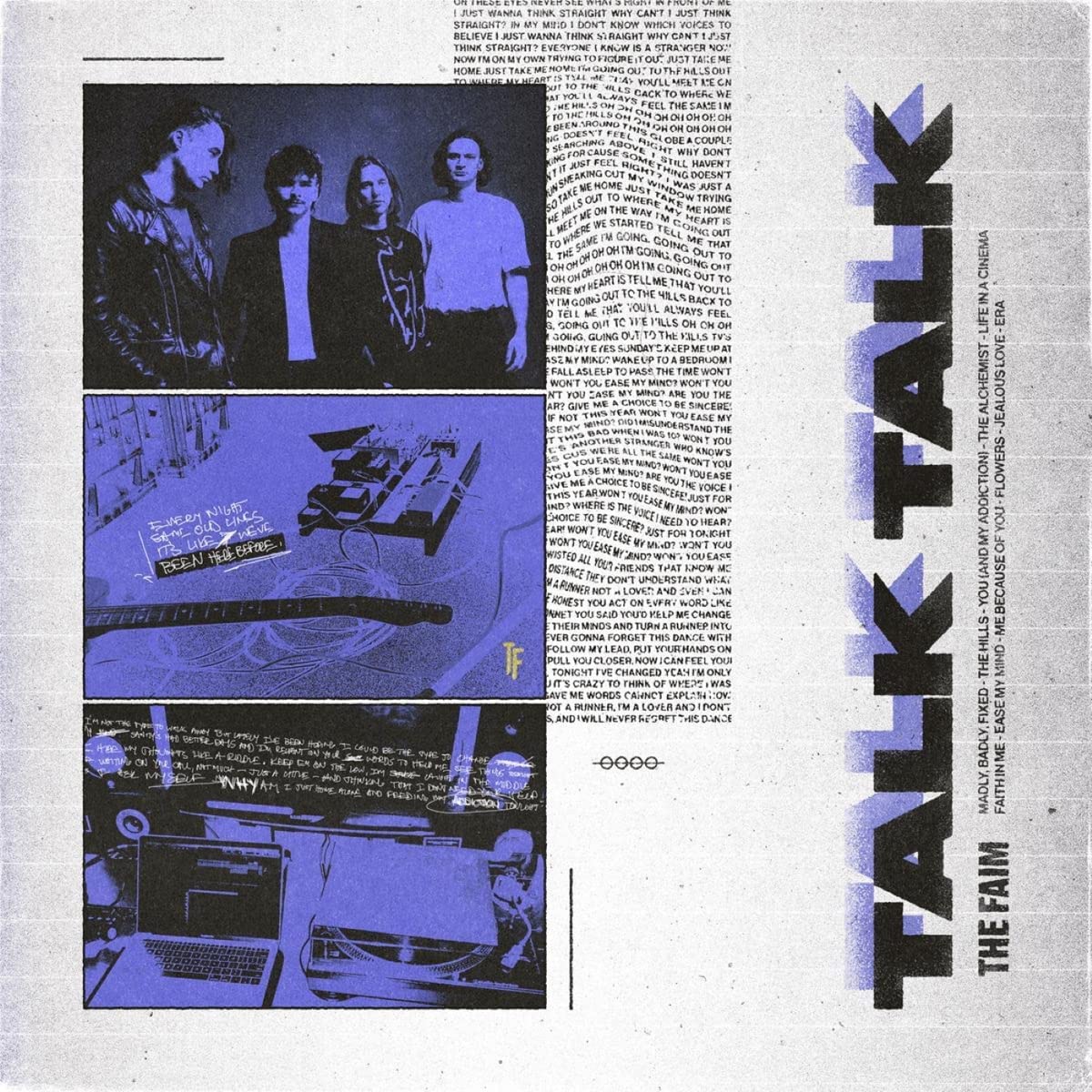 Album cover for "Talk Talk" by The Faim, featuring three blue-toned photos and text.