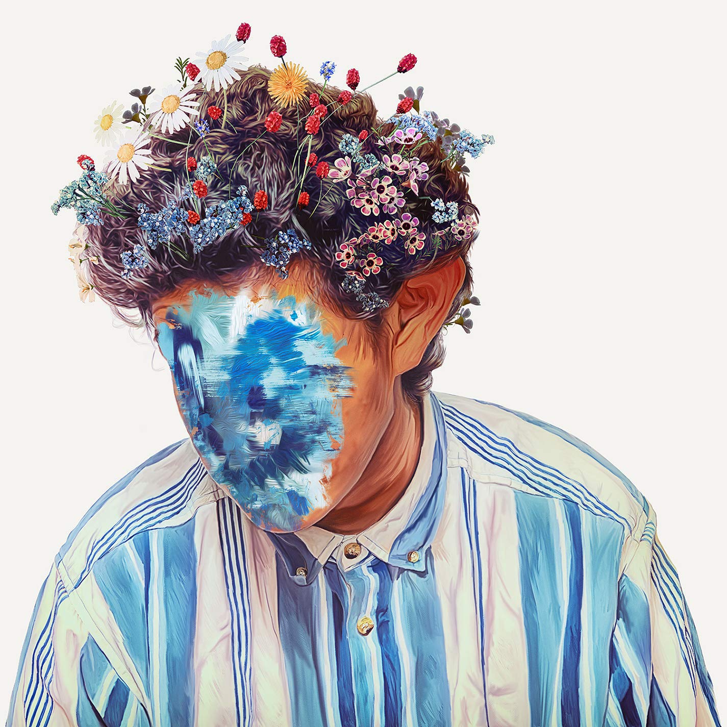 The image shows a man with flowers in his hair and a painted face.
