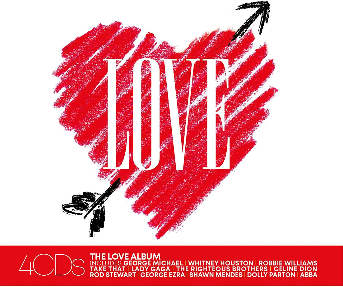 Red heart with "LOVE" text, pierced by arrow, on white background with red banner.
