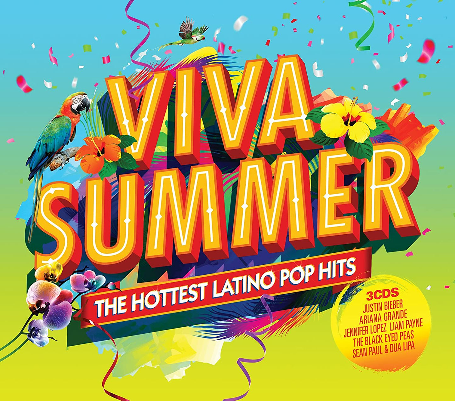 "Viva Summer" CD cover featuring colorful text, flowers, and parrots on a blue and green gradient background.