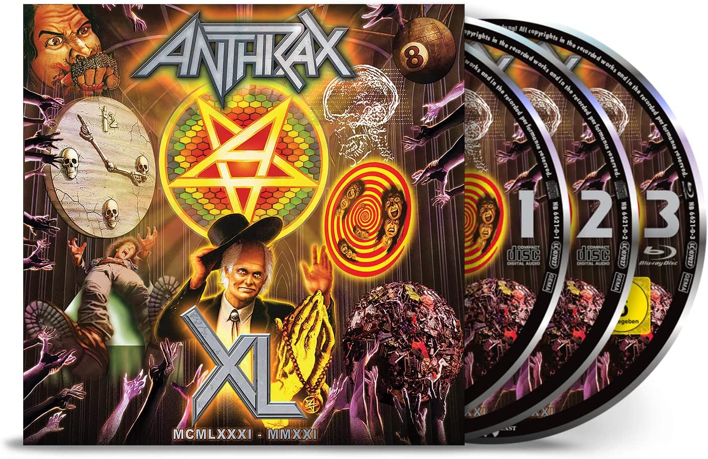 "Blu-ray case and three discs with 'Anthrax' album artwork featuring a man and pentagram."