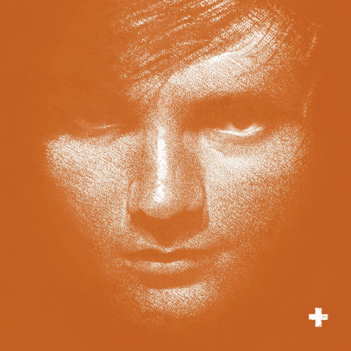 The image is an orange album cover with a sketch of a man's face and a small white cross.