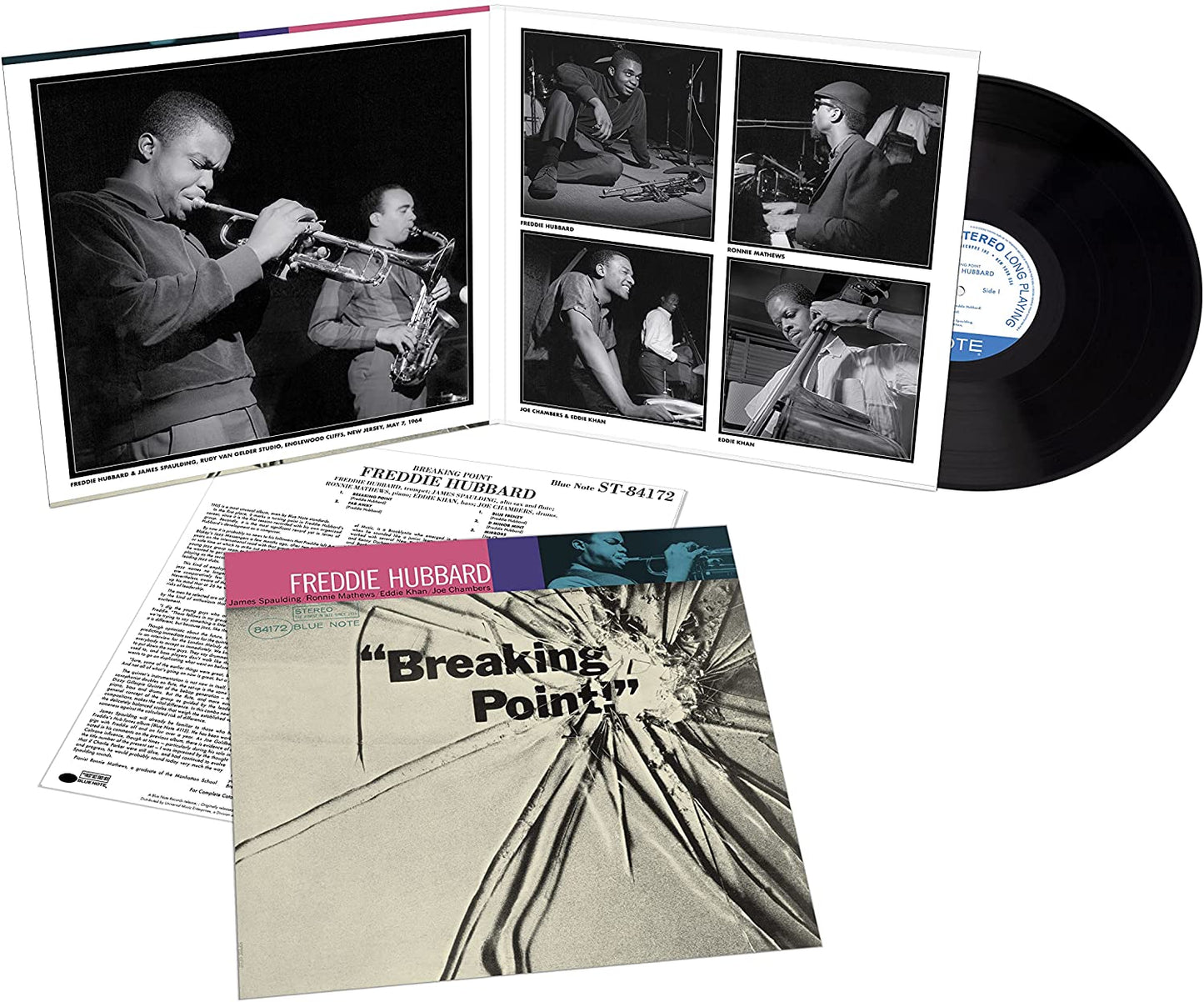 Freddie Hubbard’s “Breaking Point” vinyl album cover with cracked glass imagery.